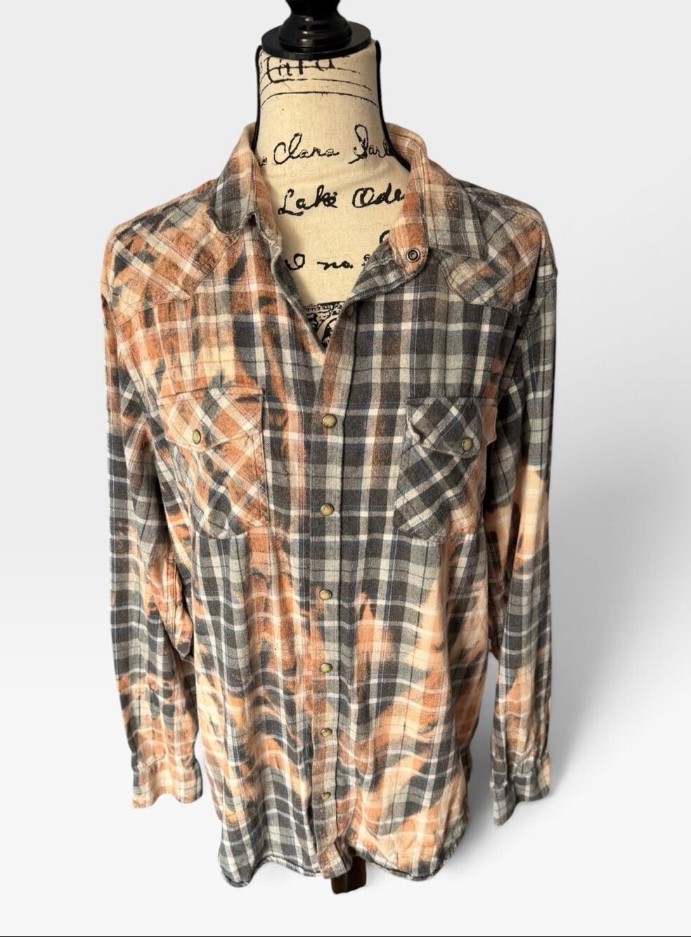 Franklin Flannels Mens Large Upcycled Bleached Plaid Western Snap Shirt Grunge